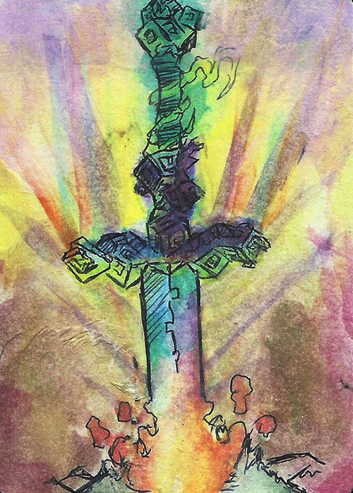A sword made of Bismuth. It's another Magic: The Gathering token, made for a friend.